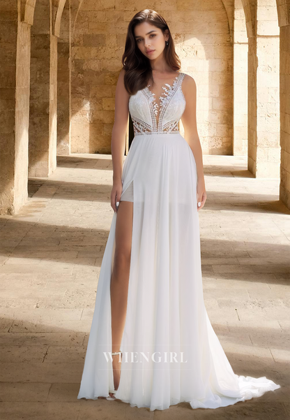Bohemian A-Line V-Neck Straps Pleats Lace Appliques Beach Wedding Dress with Slit