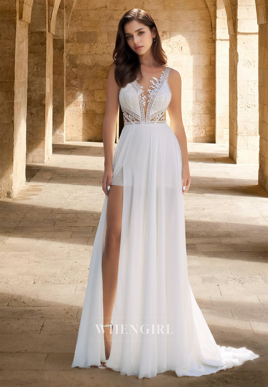 Bohemian A-Line V-Neck Straps Pleats Lace Appliques Beach Wedding Dress with Slit