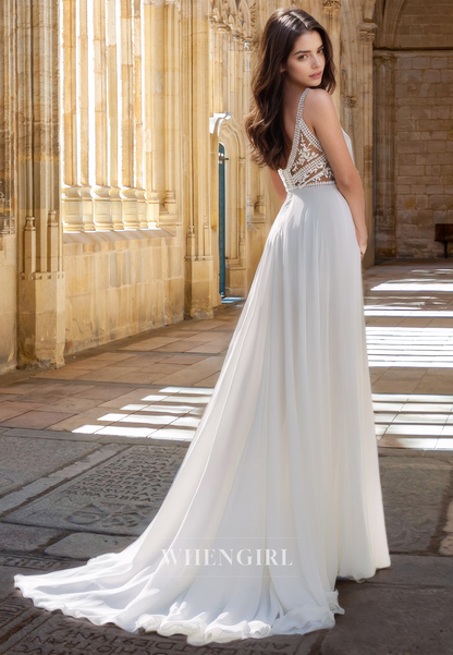 Bohemian A-Line V-Neck Straps Pleats Lace Appliques Beach Wedding Dress with Slit