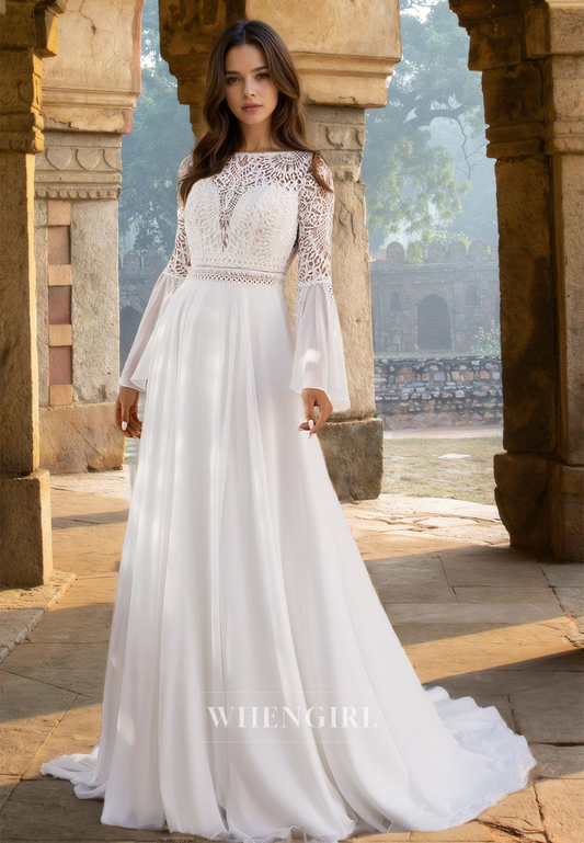 Elegant A-Line Long Sleeves Appliques Chiffon Pleats Beach Bridal Wedding Dress with Train