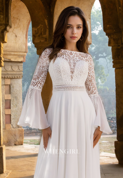 Elegant A-Line Long Sleeves Appliques Chiffon Pleats Beach Bridal Wedding Dress with Train