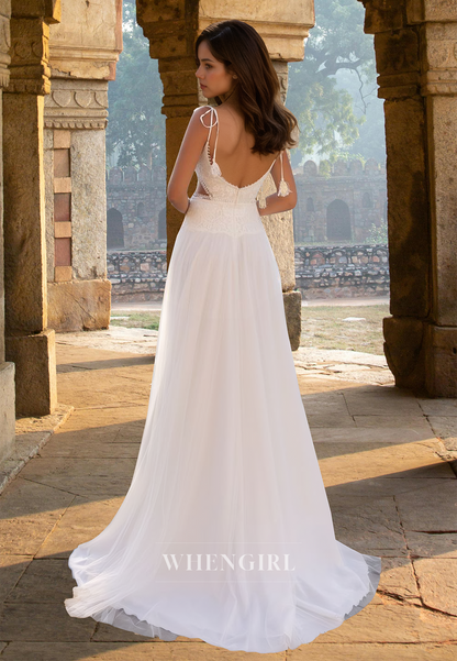Glamorous A-Line V-Neck Spaghetti Straps Side Slit Pleats Lace Beach Wedding Dress with Appliques