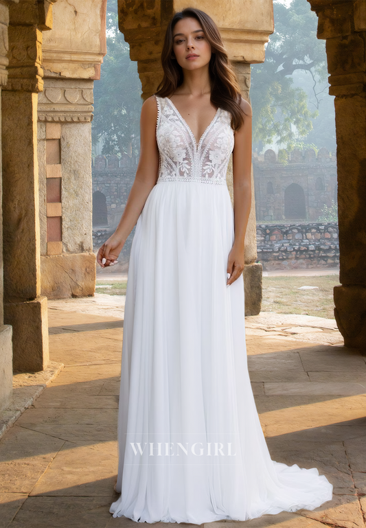 Elegant A-Line V-Neck Straps Sweep Train Pleats Lace Wedding Dress Bridal Gown with Appliques