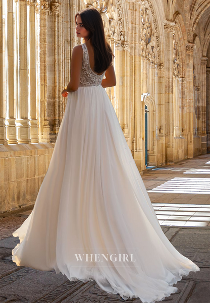 Romantic A-Line V-Neck Straps Sleeveless Appliques Lace Beach Bridal Wedding Dress with Train