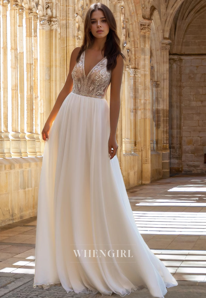 Romantic A-Line V-Neck Straps Sleeveless Appliques Lace Beach Bridal Wedding Dress with Train