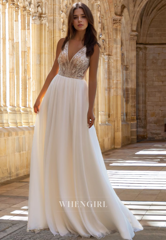 Romantic A-Line V-Neck Straps Sleeveless Appliques Lace Beach Bridal Wedding Dress with Train