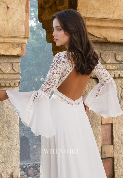 Elegant A-Line Long Sleeves Appliques Chiffon Pleats Beach Bridal Wedding Dress with Train