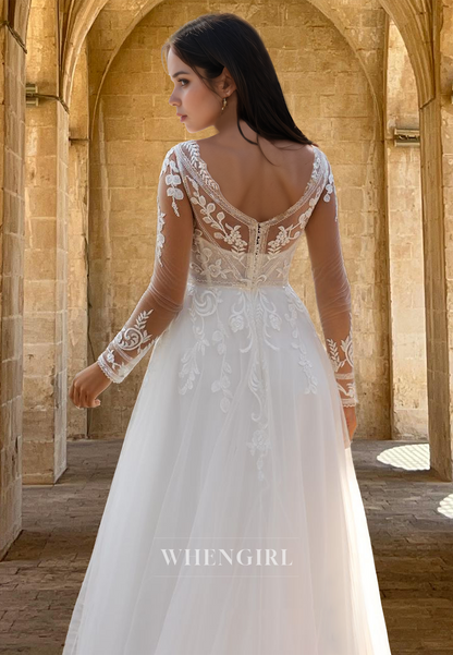 Classic Long Sleeves A-Line V-Neck Appliques Lace Long Beach Gowns Boho Wedding Dress