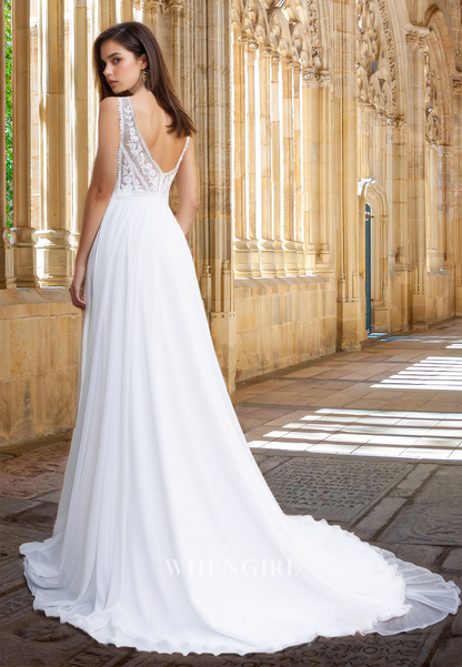 Elegant A-Line V-Neck Straps Sweep Train Pleats Lace Wedding Dress Bridal Gown with Appliques