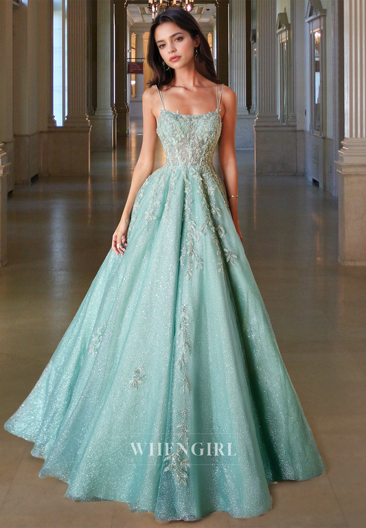 Stunning Spaghetti Straps A-Line Pleats Glitter Knit Long Party Evening Dress with Appliques
