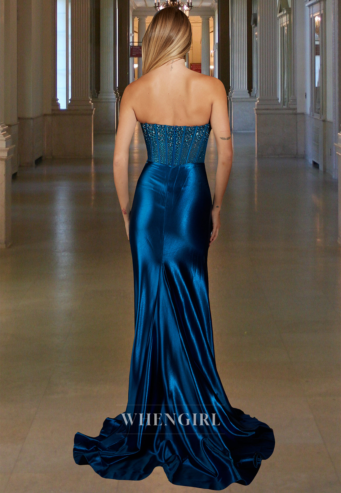 Beaded Tube Top Sleeveless High Slit Fitted Satin Long Formal Party Dress with Train