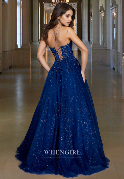 Stunning Spaghetti Straps A-Line Pleats Glitter Knit Long Party Evening Dress with Appliques