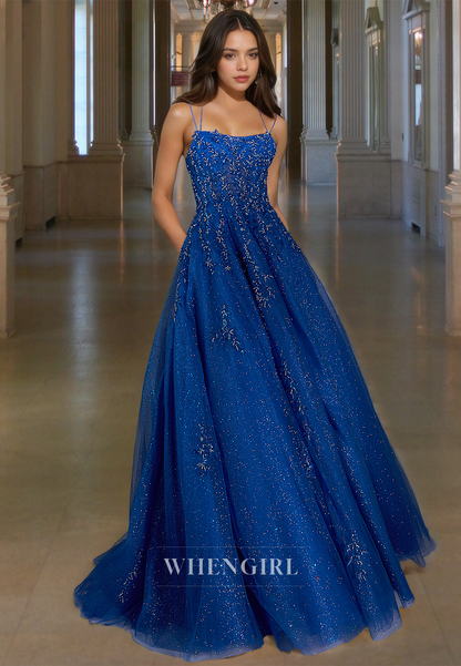 Stunning Spaghetti Straps A-Line Pleats Glitter Knit Long Party Evening Dress with Appliques
