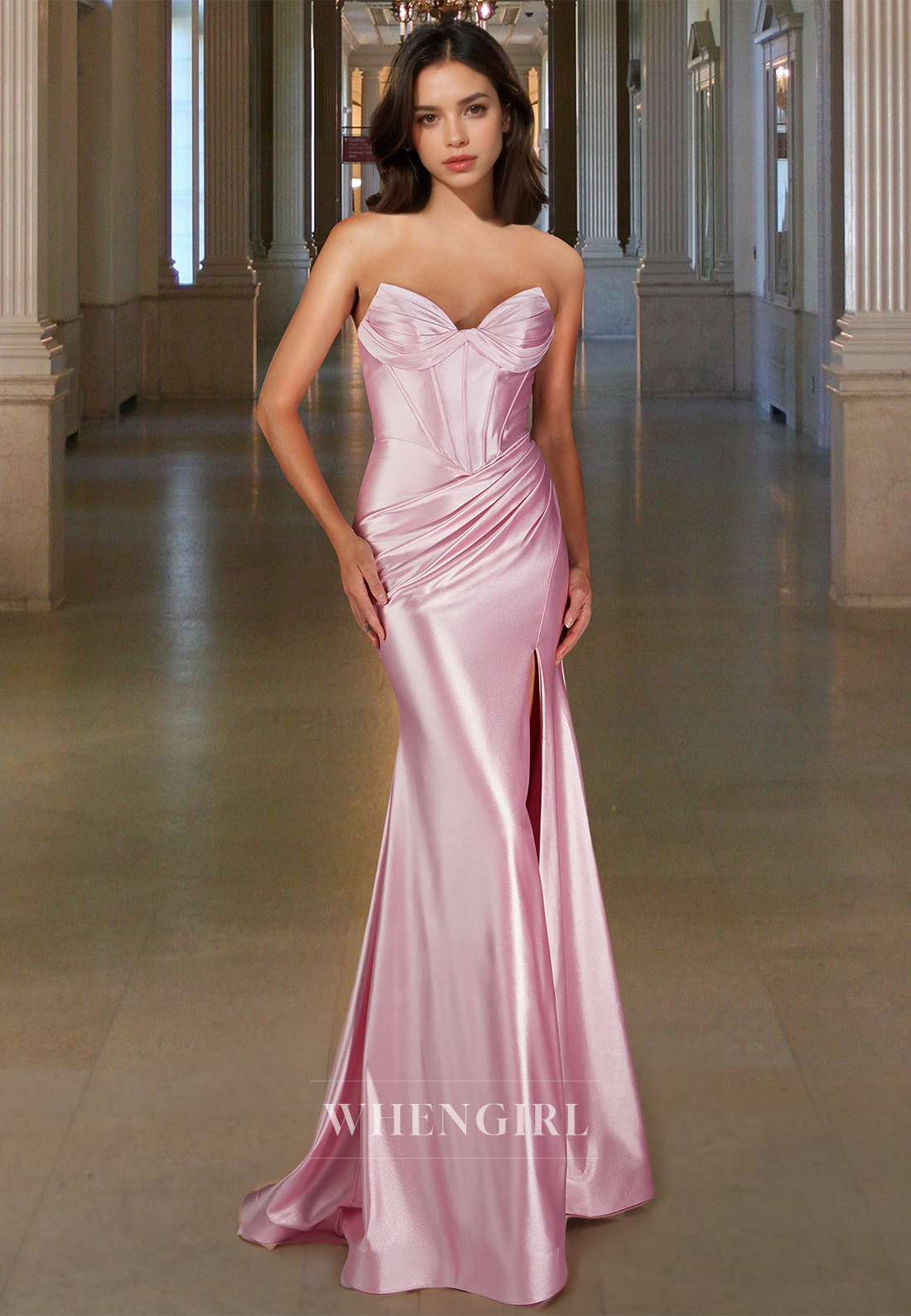 Simple Sweetheart Sleeveless Sheath Satin Pleated Long Formal Prom Dress with Slit