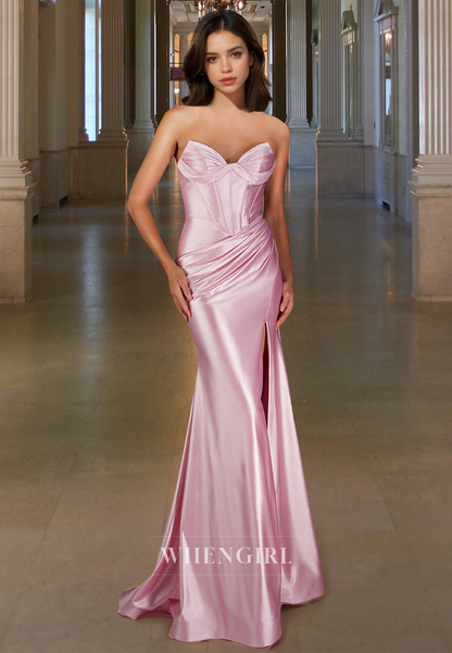 Simple Sweetheart Sleeveless Sheath Satin Pleated Long Formal Prom Dress with Slit