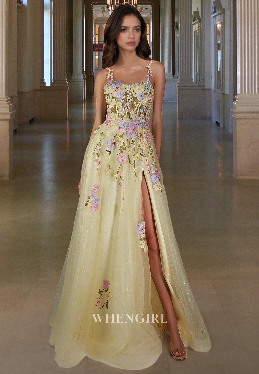 Striking Spaghetti Straps A-Line Flower Appliques Glitter Lace Party Dress with Beaded
