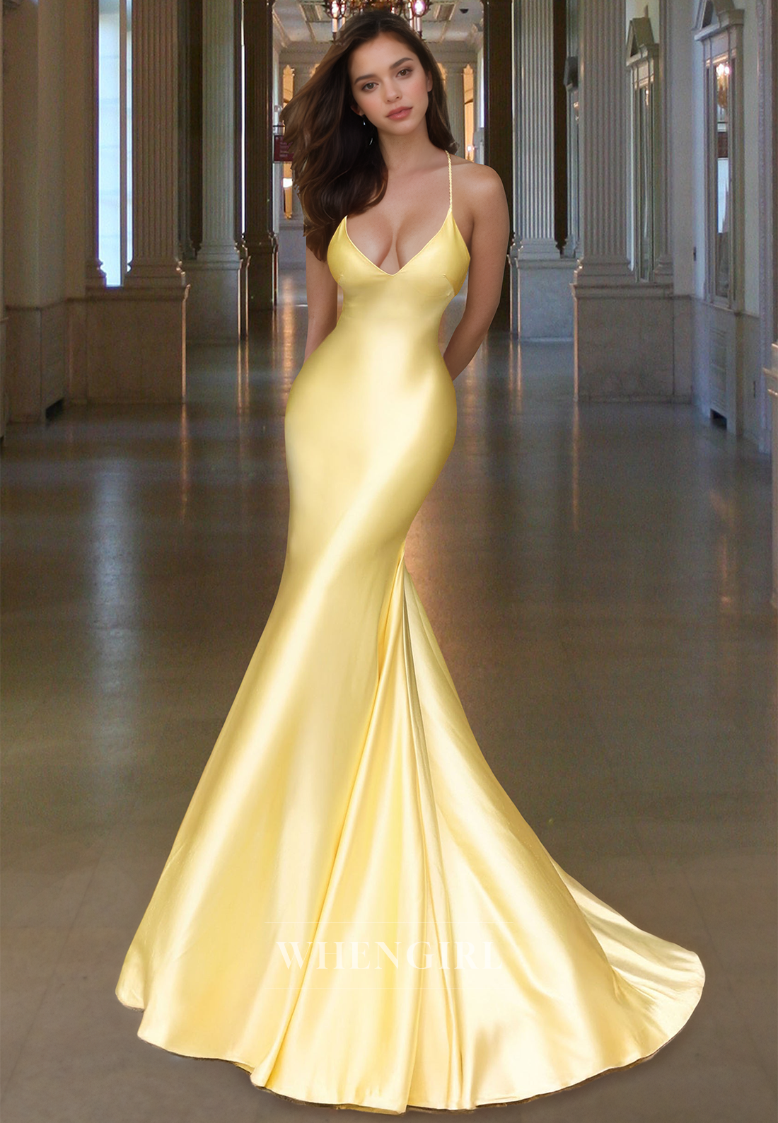 Sexy Spaghetti Straps V-Neck Mermaid Satin Long Prom Formal Party Dress with Train