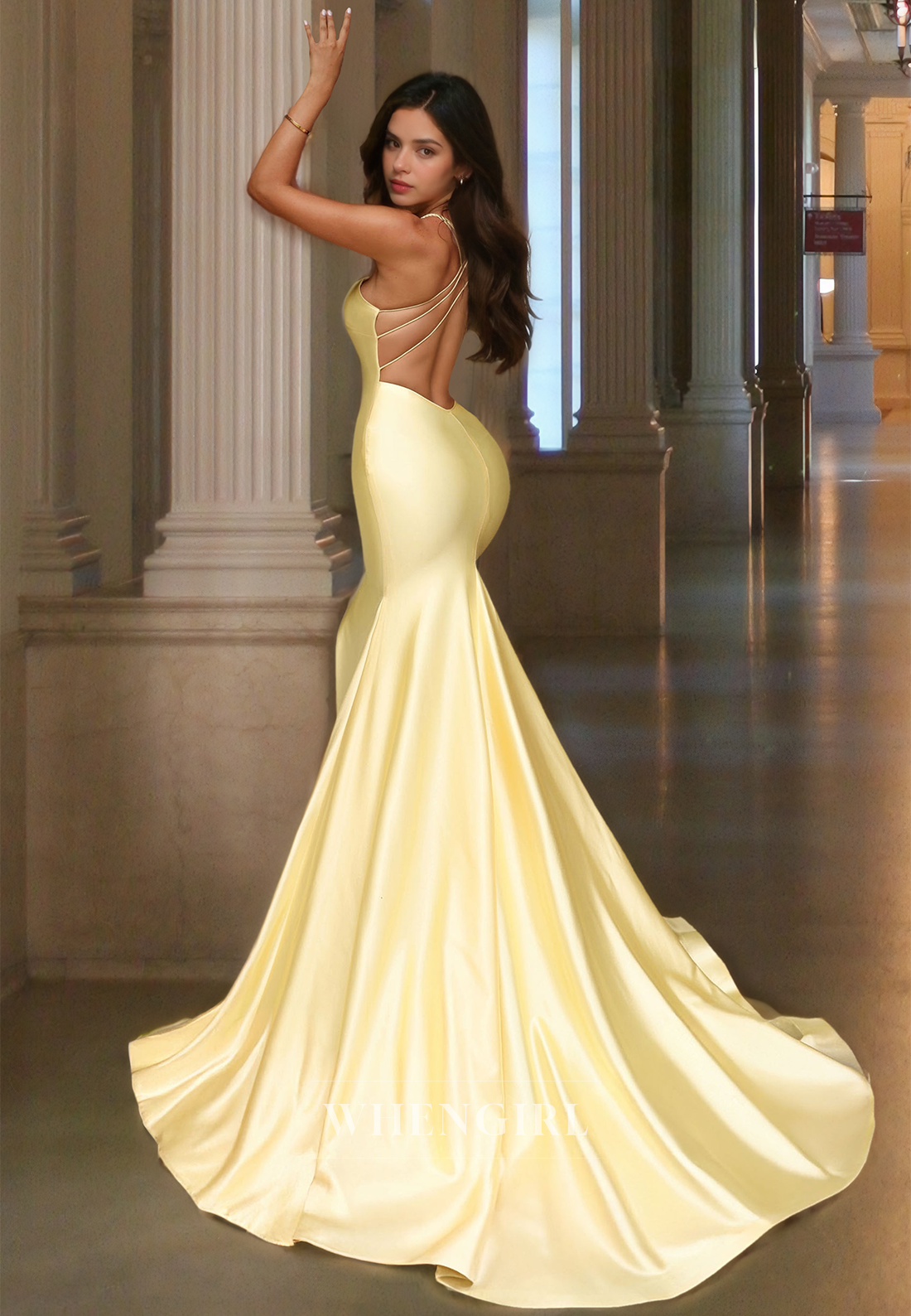 Sexy Spaghetti Straps V-Neck Mermaid Satin Long Prom Formal Party Dress with Train