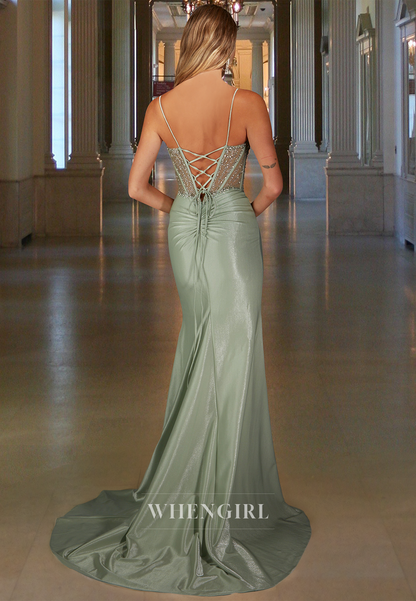 Beaded Sweetheart Straps Prom Dress Side Slit Stripe Fitted Satin Party Gowns with Train