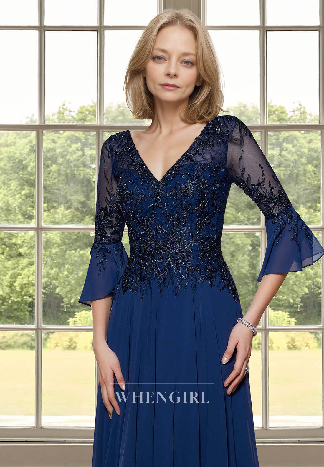 Distinctive V-Neck A-Line Half Sleeves Pleats Chiffon Cocktail Dress with Appliques Mother of Groom