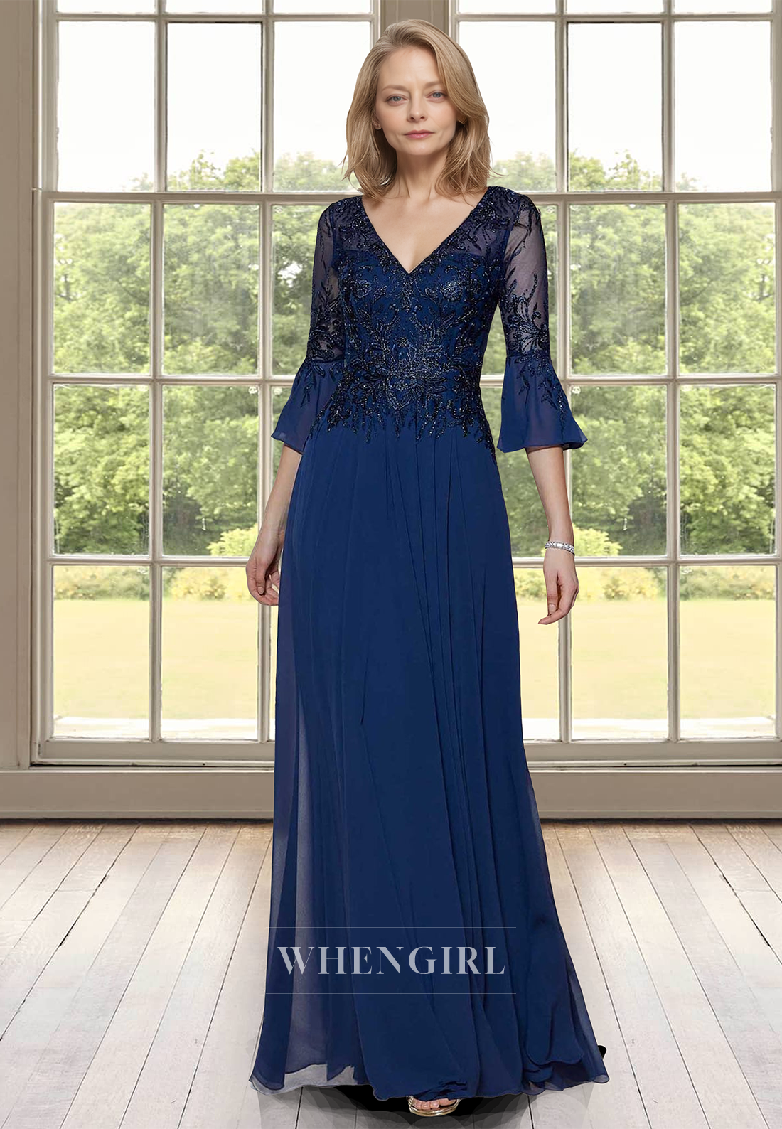 Distinctive V-Neck A-Line Half Sleeves Pleats Chiffon Cocktail Dress with Appliques Mother of Groom