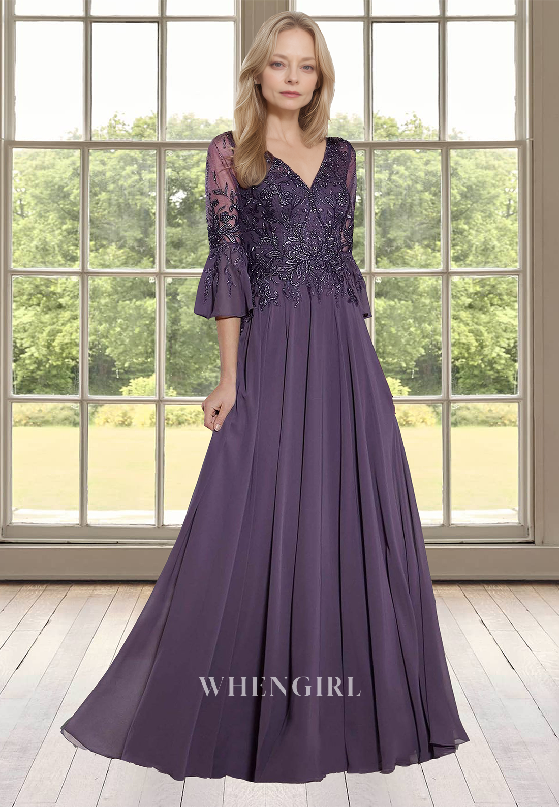 Distinctive V-Neck A-Line Half Sleeves Pleats Chiffon Cocktail Dress with Appliques Mother of Groom