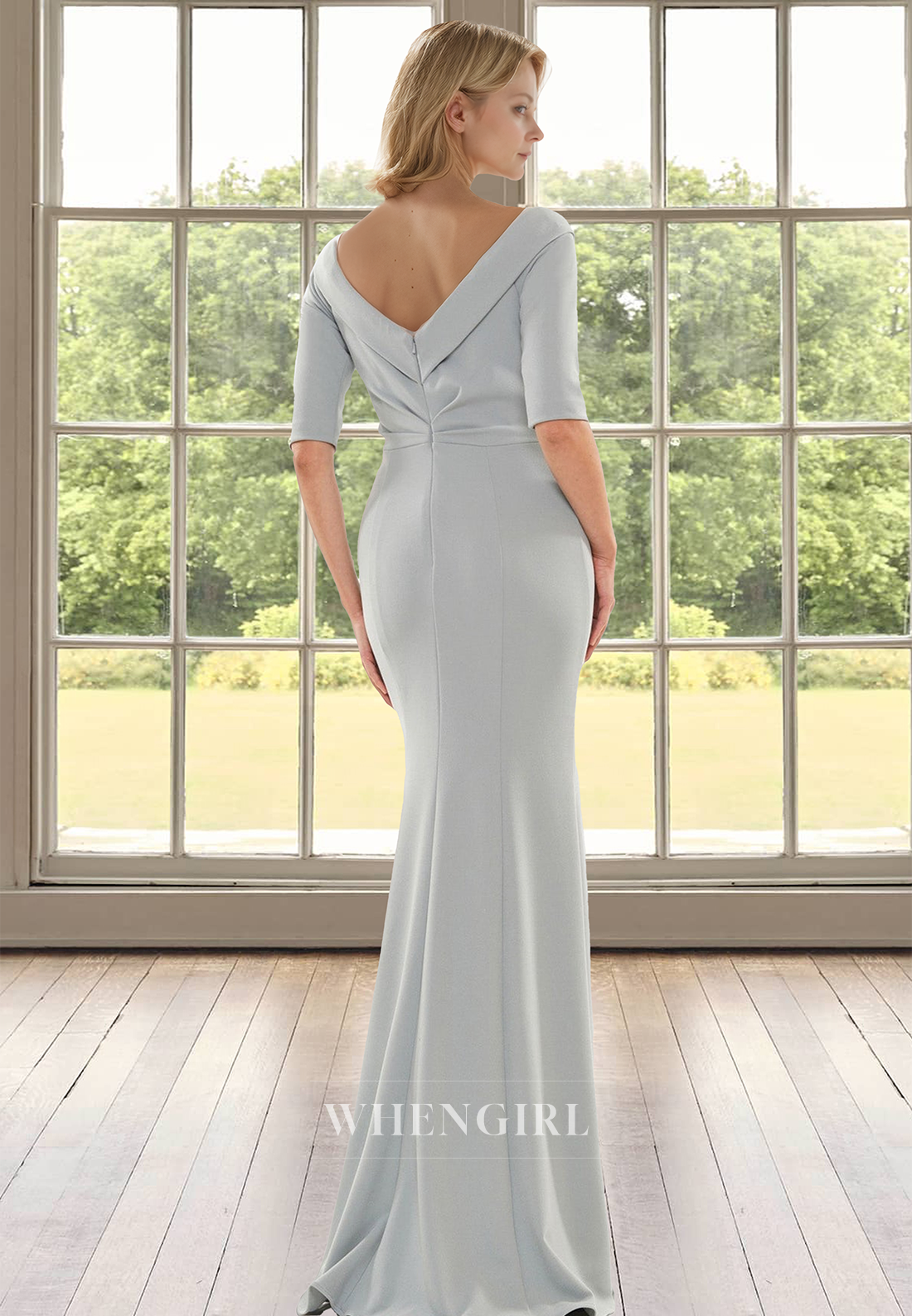Plungging V-Neck Half Sleeves Mermaid Pleated Satin Mother of the Bride with Beads Cocktail Gown