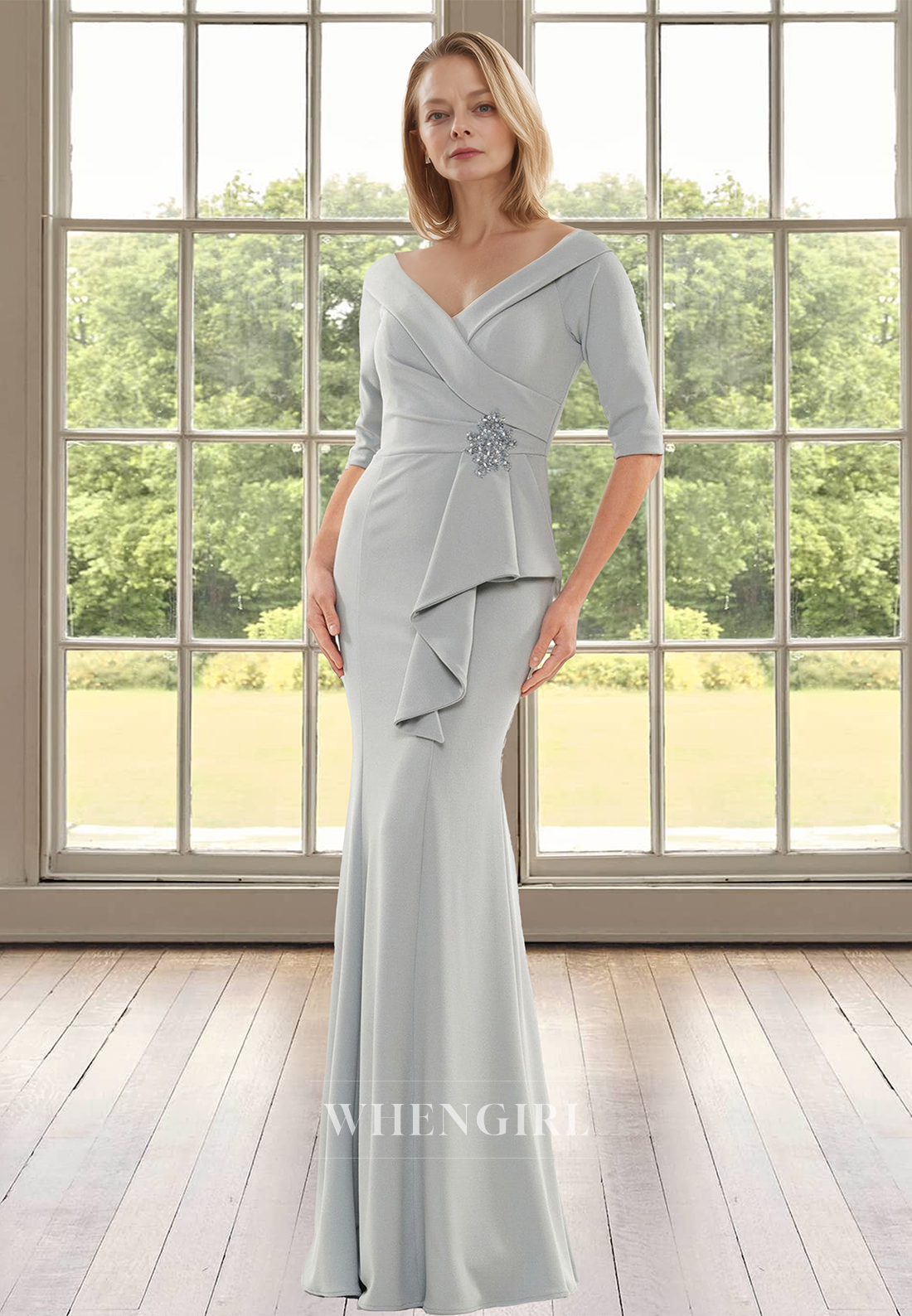 Plungging V-Neck Half Sleeves Mermaid Pleated Satin Mother of the Bride with Beads Cocktail Gown