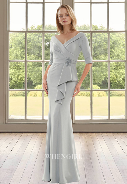 Plungging V-Neck Half Sleeves Mermaid Pleated Satin Mother of the Bride with Beads Cocktail Gown