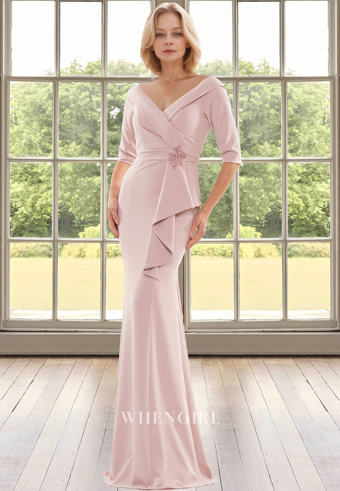 Plungging V-Neck Half Sleeves Mermaid Pleated Satin Mother of the Bride with Beads Cocktail Gown