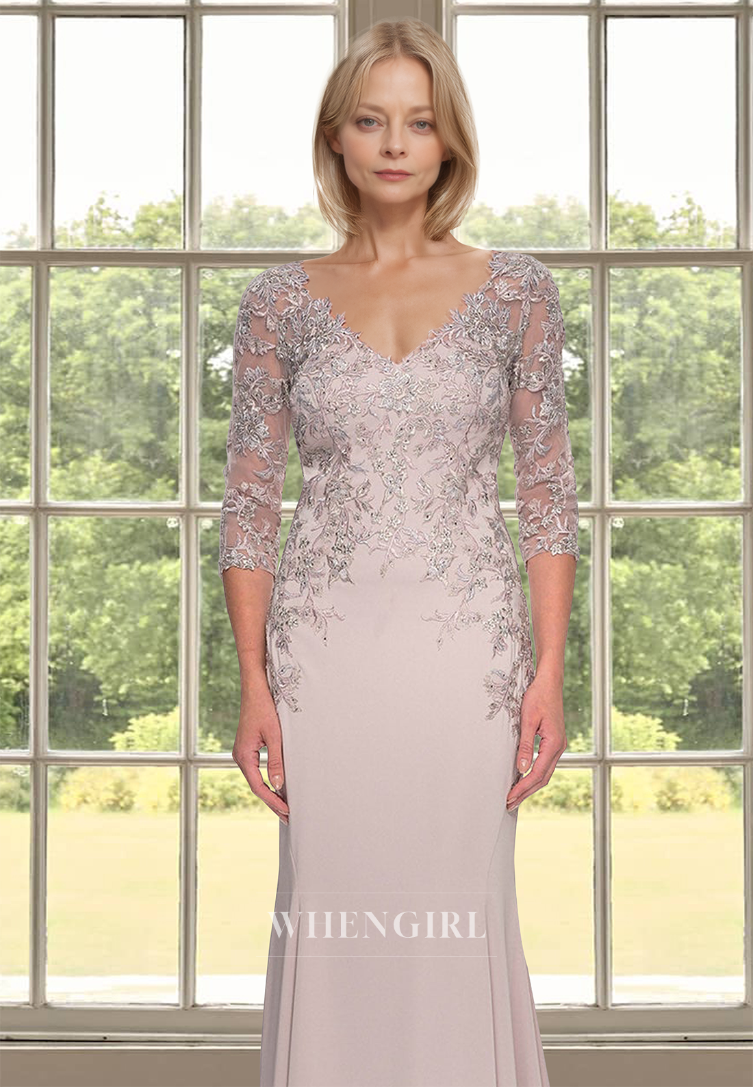 Elegant V-Neck Half Sleeves Sheath Long Appliques Cocktail Gowns Mother of the Bride