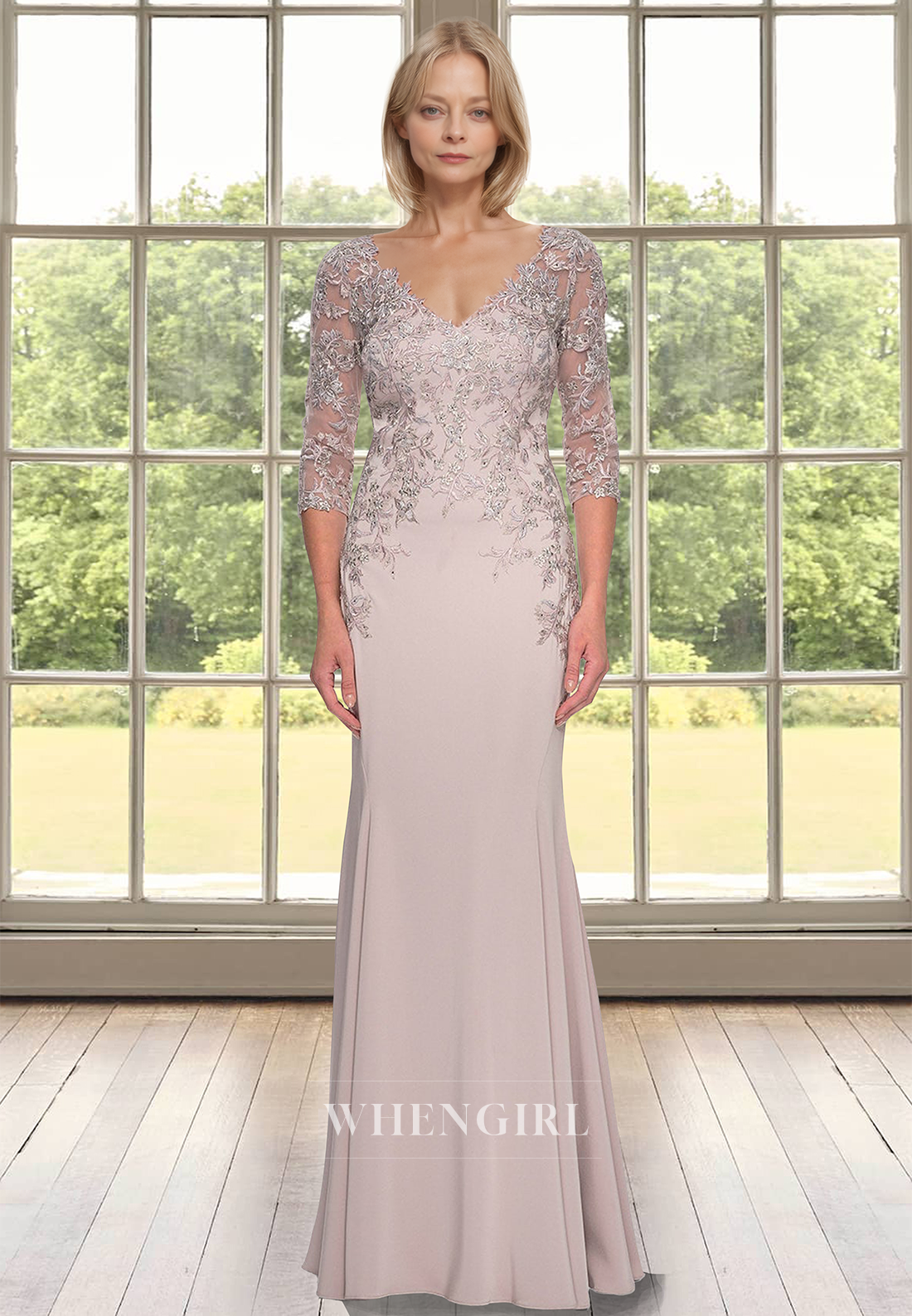 Elegant V-Neck Half Sleeves Sheath Long Appliques Cocktail Gowns Mother of the Bride