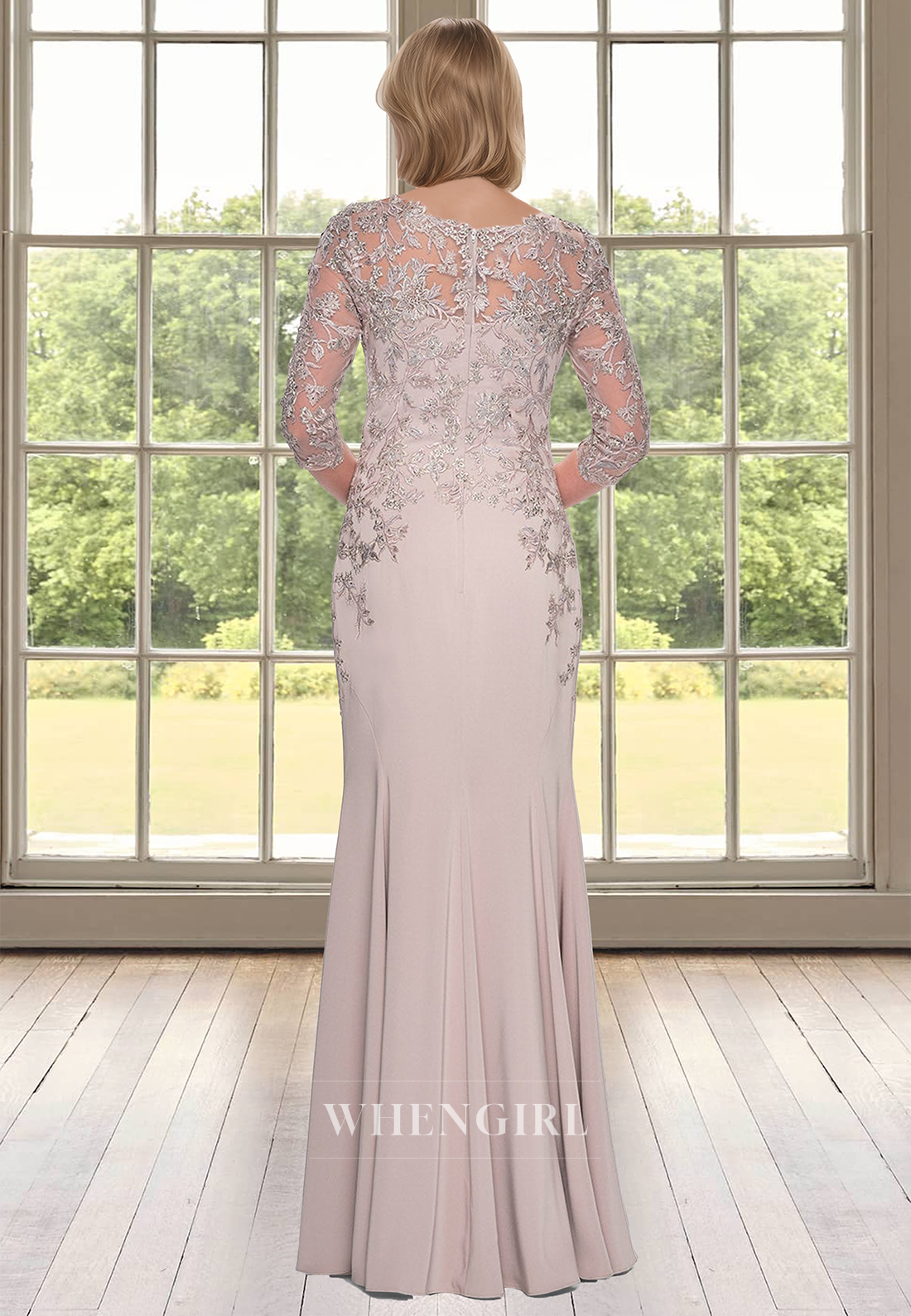 Elegant V-Neck Half Sleeves Sheath Long Appliques Cocktail Gowns Mother of the Bride