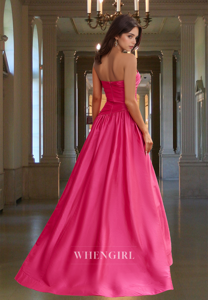 Sexy Tube Top A-Line Sleeveless Pleated Satin Prom Party Evening Dress with Slit