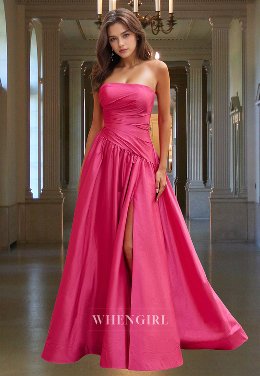 Sexy Tube Top A-Line Sleeveless Pleated Satin Prom Party Evening Dress with Slit