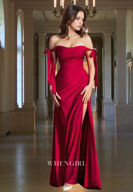 Elegant Sweetheart Sleeveless Sheath High Split Satin Prom Formal Dress with Bows