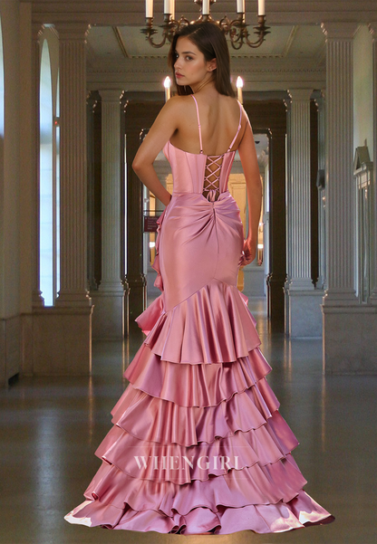 V-Neck Straps Mermaid Sleeveless Slit Pleated Satin Prom Party Evening Dress with Train
