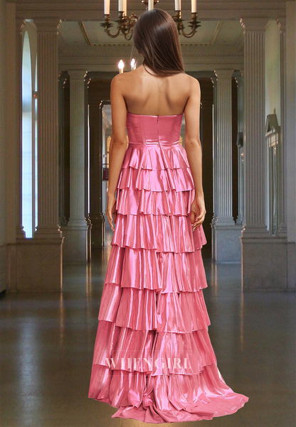 Gorgeous A-Line Sweetheart Sleeveless Tiered Ball Gowns Satin Long Party Dress with Train
