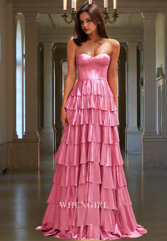 Gorgeous A-Line Sweetheart Sleeveless Tiered Ball Gowns Satin Long Party Dress with Train