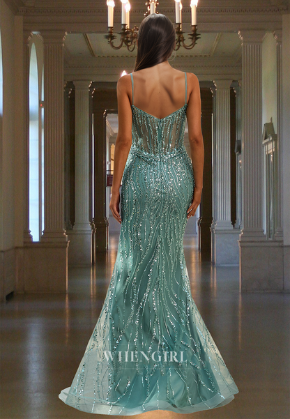 Beaded Spaghetti Straps Sweetheart Sheath Side Slit Lace Evening Party Dress with Appliques