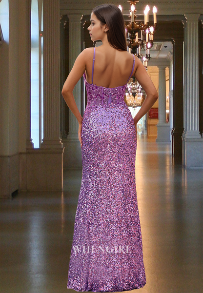 Stunning Sweetheart Straps Side Slit Pleated Sequins Party Prom Dress with Appliques