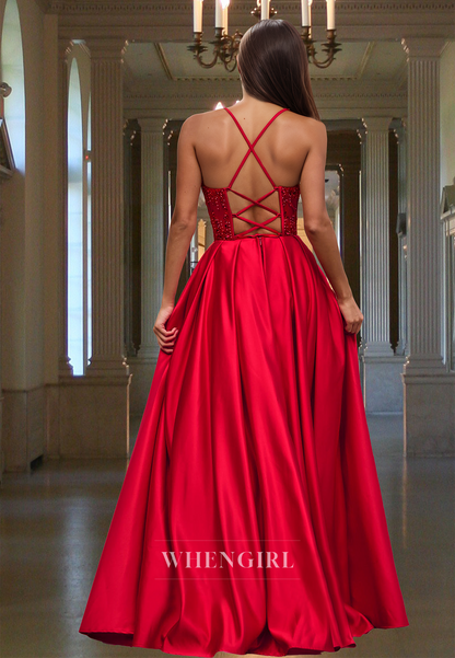 Elegant A-Line Sweetheart Stripe Pleated Satin Long Formal Party Dress with Beaded