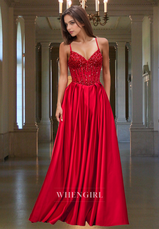 Elegant A-Line Sweetheart Stripe Pleated Satin Long Formal Party Dress with Beaded