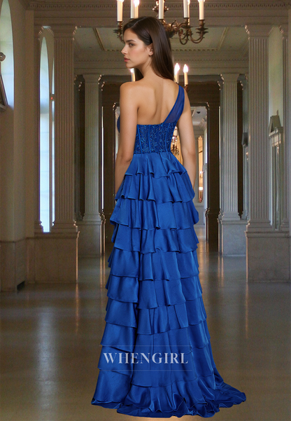 Elegant A-Line One Shoulder Sleeveless Beaded Tiered Ball Gowns Evening Dress with Applique