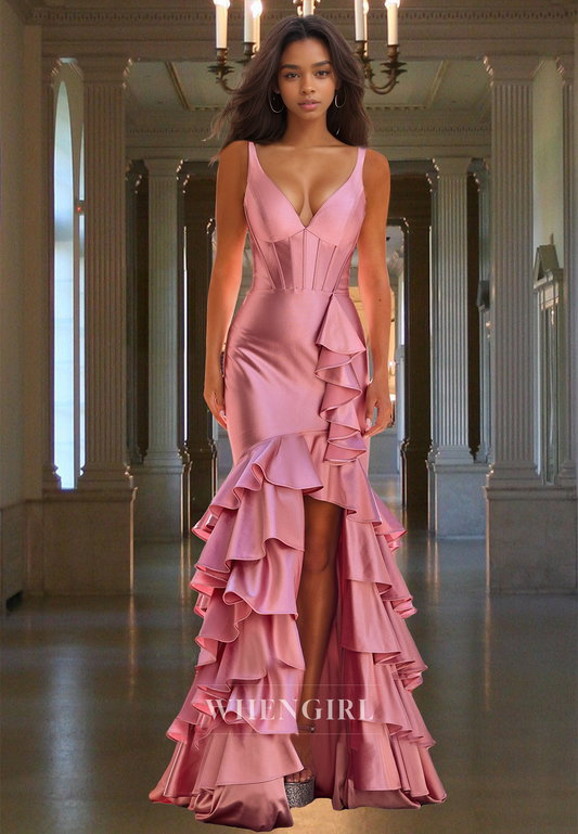 V-Neck Straps Mermaid Sleeveless Slit Pleated Satin Prom Party Evening Dress with Train