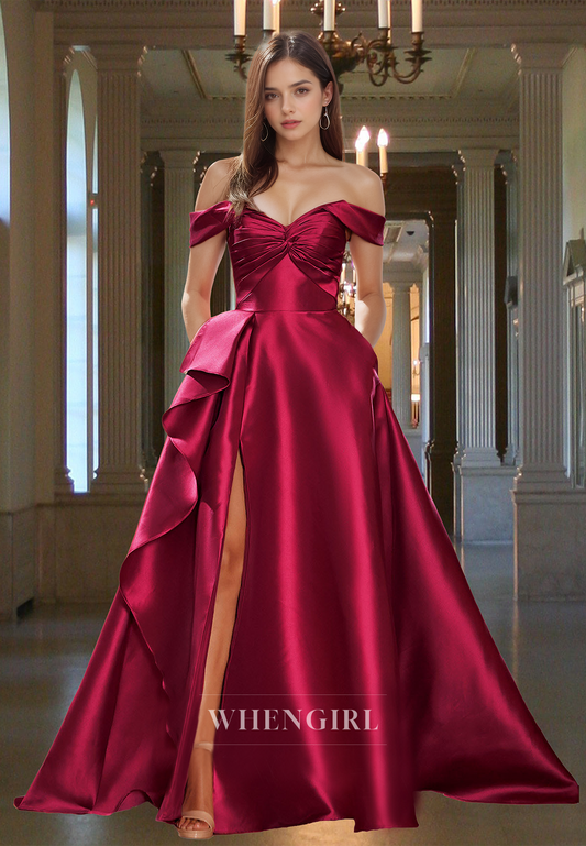 Elegant A-Line Sweetheart Prom Dress Sleeveless Side Slit Ruched Satin Formal Gown with Train