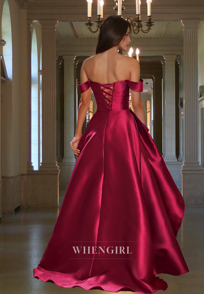 Elegant A-Line Sweetheart Prom Dress Sleeveless Side Slit Ruched Satin Formal Gown with Train