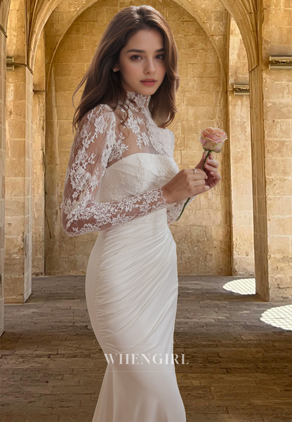 Romantic High Neck Long Sleeves Mermaid Sweep Train Satin Wedding Dress Bridal Gown with Appliques