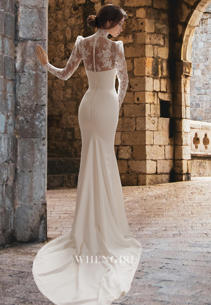 Romantic High Neck Long Sleeves Mermaid Sweep Train Satin Wedding Dress Bridal Gown with Appliques