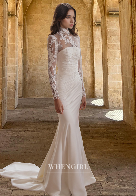 Romantic High Neck Long Sleeves Mermaid Sweep Train Satin Wedding Dress Bridal Gown with Appliques